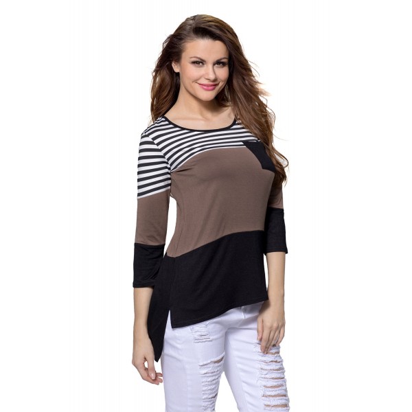 Black Coffee Color Block Striped Long Sleeve Blouse Top