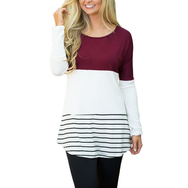 Wine Color Block Lace Patchwork Long Sleeve Blouse Top