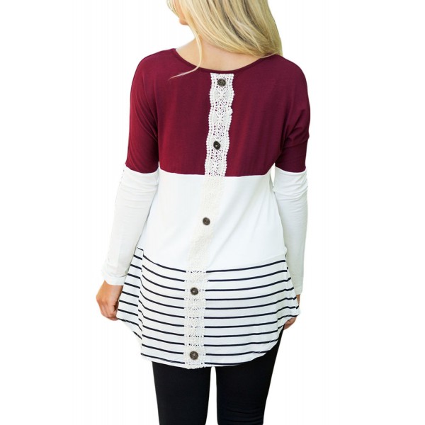 Wine Color Block Lace Patchwork Long Sleeve Blouse Top