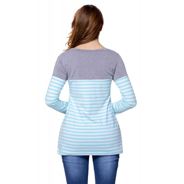 Blue White Stripes Color Block Long Sleeve Blouse Top