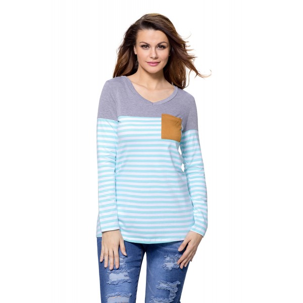 Blue White Stripes Color Block Long Sleeve Blouse Top