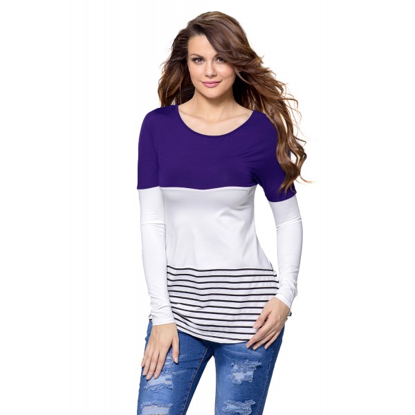Blue Color Block Lace Patchwork Long Sleeve Blouse Top