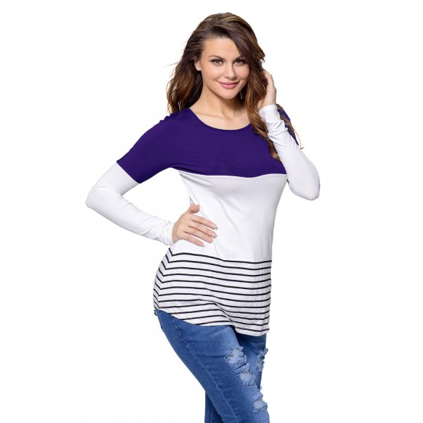 Blue Color Block Lace Patchwork Long Sleeve Blouse Top