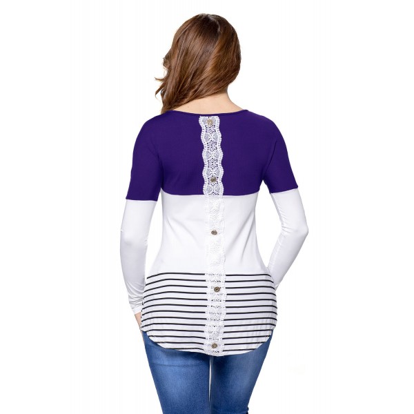 Blue Color Block Lace Patchwork Long Sleeve Blouse Top
