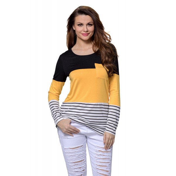 Black Yellow Color Block Striped Long Sleeve Blouse Top