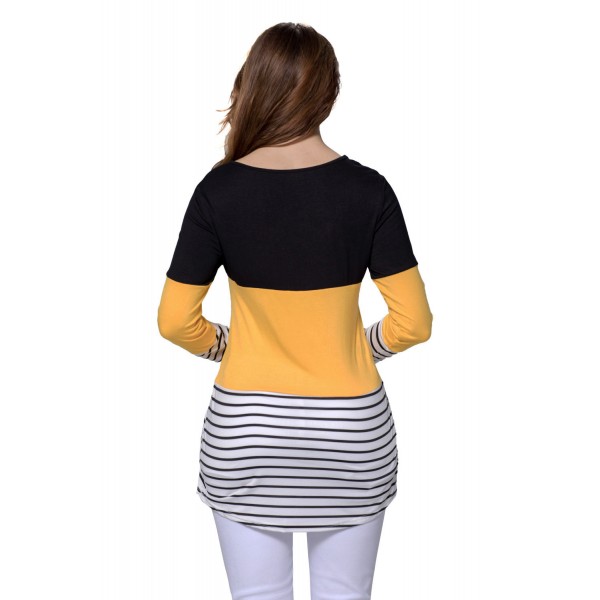 Black Yellow Color Block Striped Long Sleeve Blouse Top