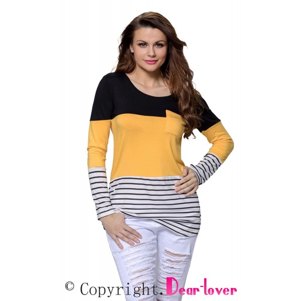 Black Yellow Color Block Striped Long Sleeve Blouse Top