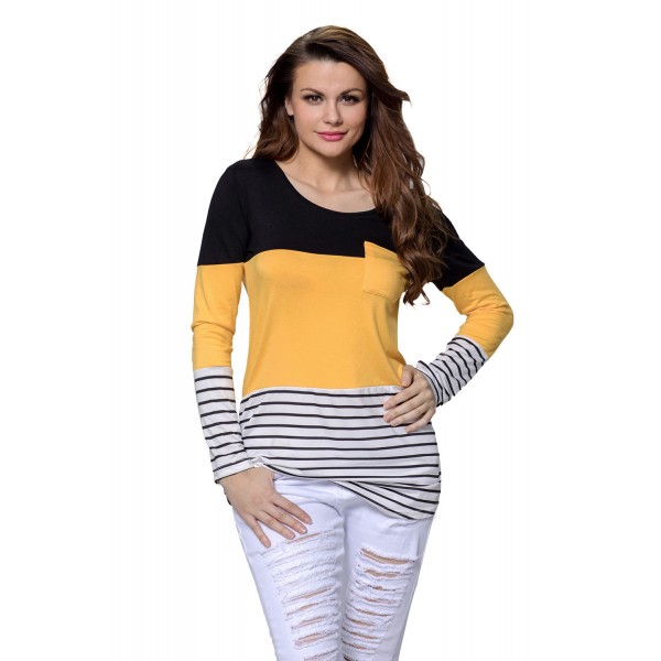 Black Yellow Color Block Striped Long Sleeve Blouse Top