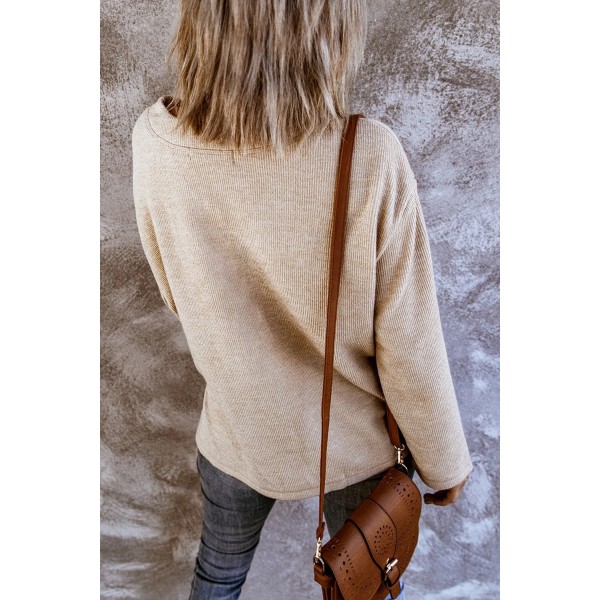 Apricot V Neck Buttons Drop Shoulder Ribbed Knit Top