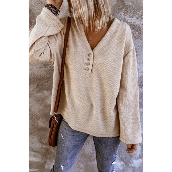 Apricot V Neck Buttons Drop Shoulder Ribbed Knit Top