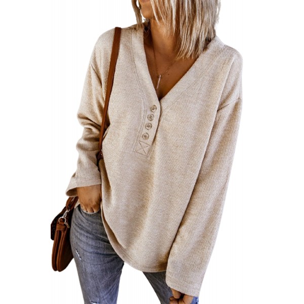 Apricot V Neck Buttons Drop Shoulder Ribbed Knit Top