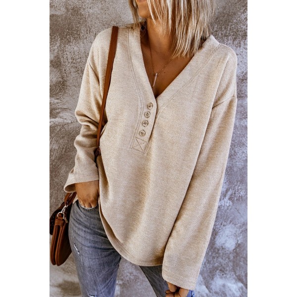 Apricot V Neck Buttons Drop Shoulder Ribbed Knit Top