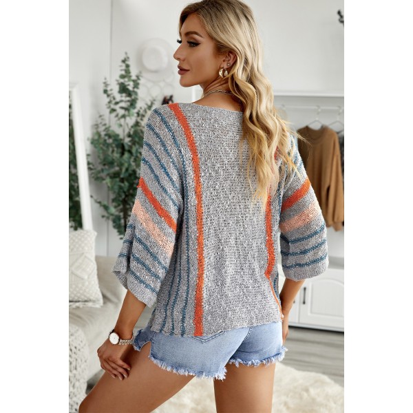Gray Wide Sleeve Striped Beach Sweater