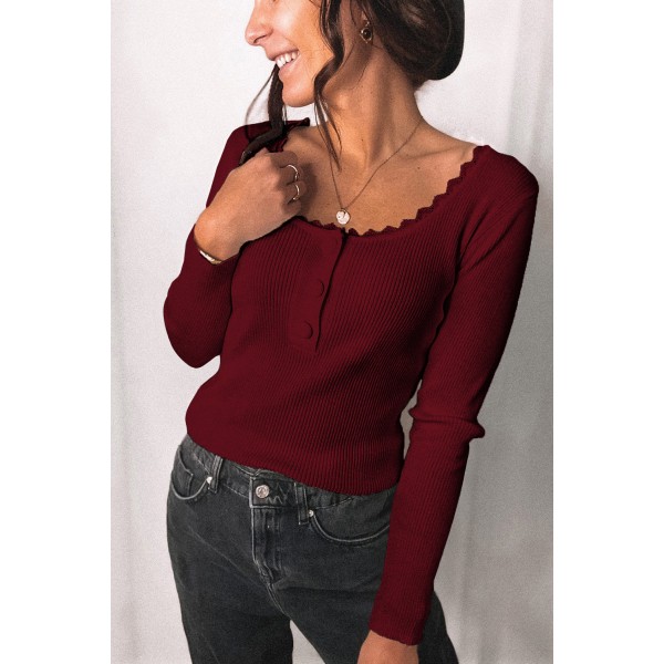 Wine Red Lace Knitted Buttoned Long Sleeve Sweater