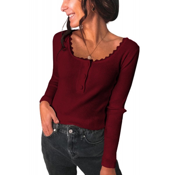 Wine Red Lace Knitted Buttoned Long Sleeve Sweater