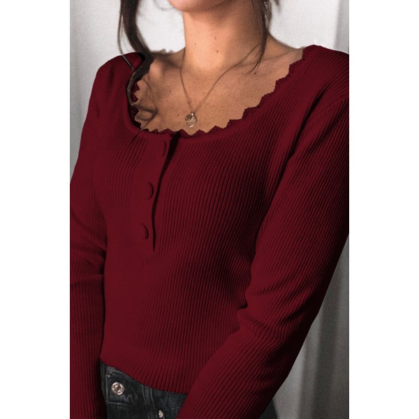 Wine Red Lace Knitted Buttoned Long Sleeve Sweater
