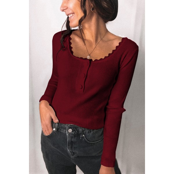 Wine Red Lace Knitted Buttoned Long Sleeve Sweater