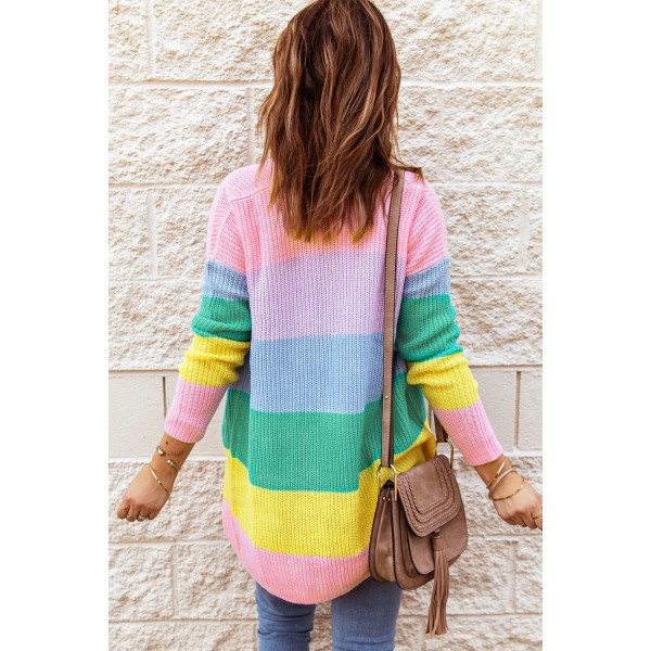 Pink Rainbow Color Block Open Front Drape Oversized Knitted Cardigan