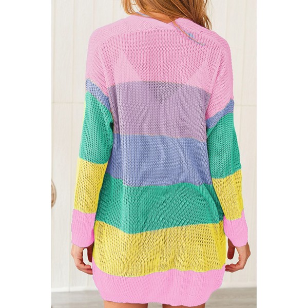 Pink Rainbow Color Block Open Front Drape Oversized Knitted Cardigan