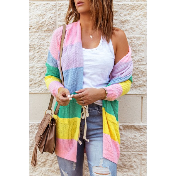 Pink Rainbow Color Block Open Front Drape Oversized Knitted Cardigan