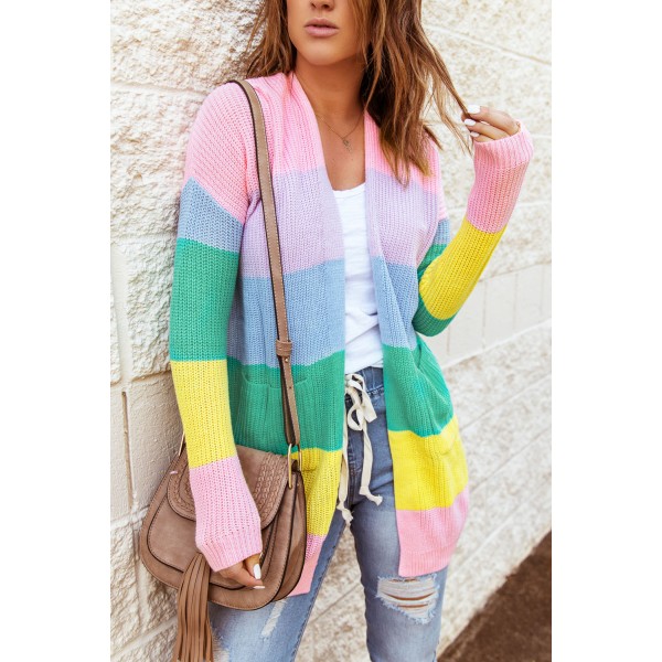 Pink Rainbow Color Block Open Front Drape Oversized Knitted Cardigan