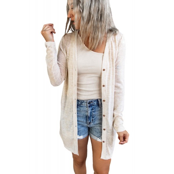Beige Solid Color Open-Front Buttons Cardigan