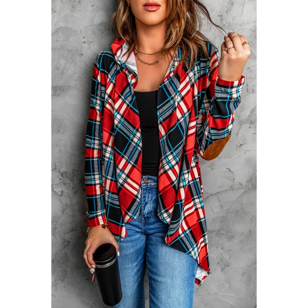 Suede Elbow Patch Hooded Plaid Cardigan