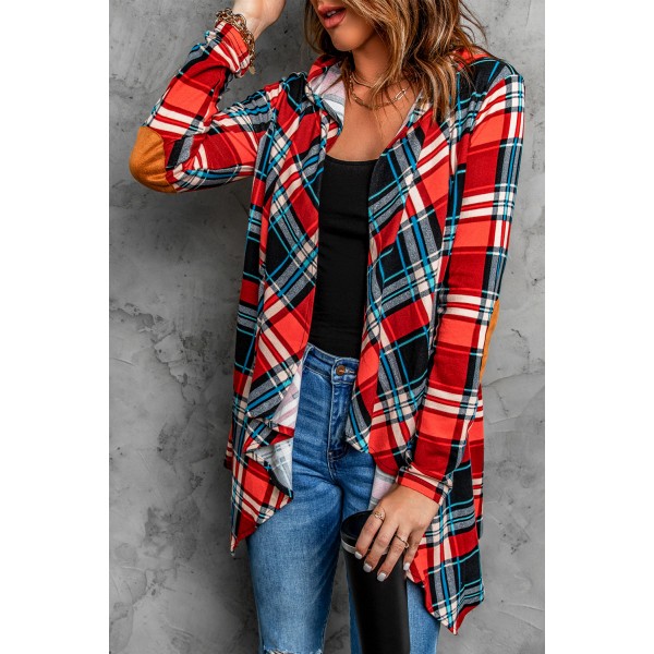 Suede Elbow Patch Hooded Plaid Cardigan