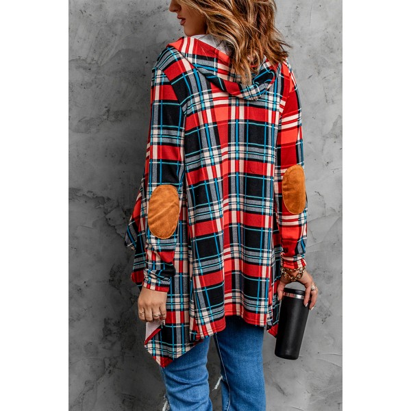 Suede Elbow Patch Hooded Plaid Cardigan
