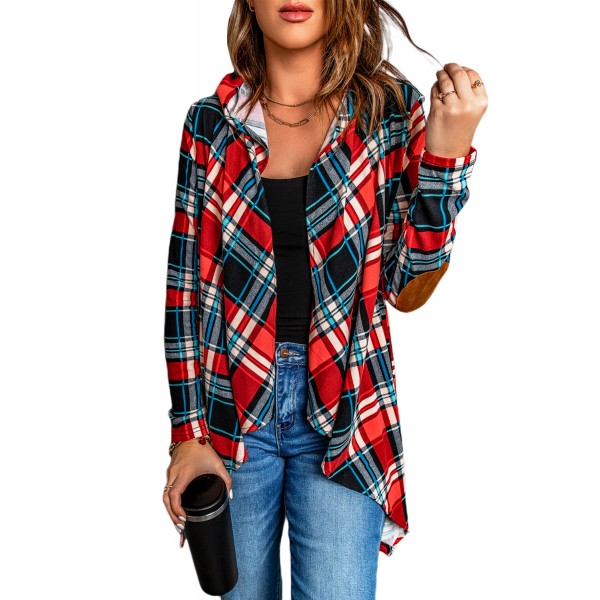 Suede Elbow Patch Hooded Plaid Cardigan