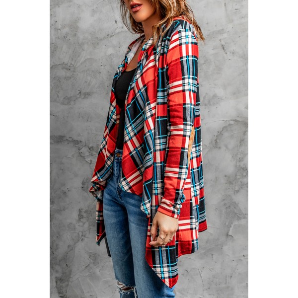 Suede Elbow Patch Hooded Plaid Cardigan