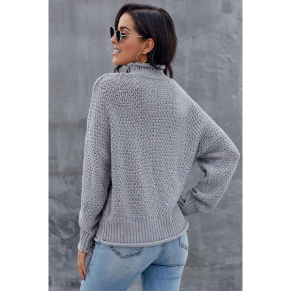 Gray Oversized Chunky Batwing Long Sleeve Turtleneck Sweater