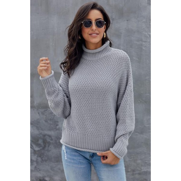 Gray Oversized Chunky Batwing Long Sleeve Turtleneck Sweater