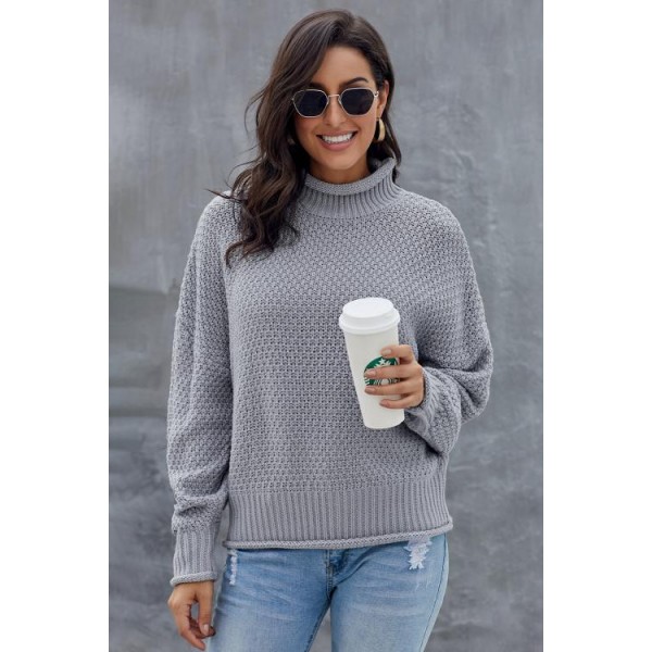 Gray Oversized Chunky Batwing Long Sleeve Turtleneck Sweater