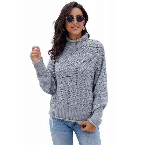 Gray Oversized Chunky Batwing Long Sleeve Turtleneck Sweater