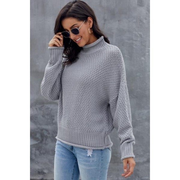 Gray Oversized Chunky Batwing Long Sleeve Turtleneck Sweater