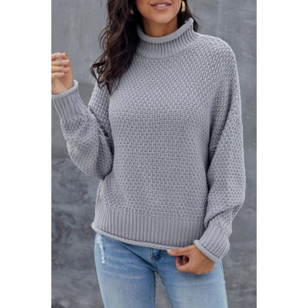 Gray Oversized Chunky Batwing Long Sleeve Turtleneck Sweater