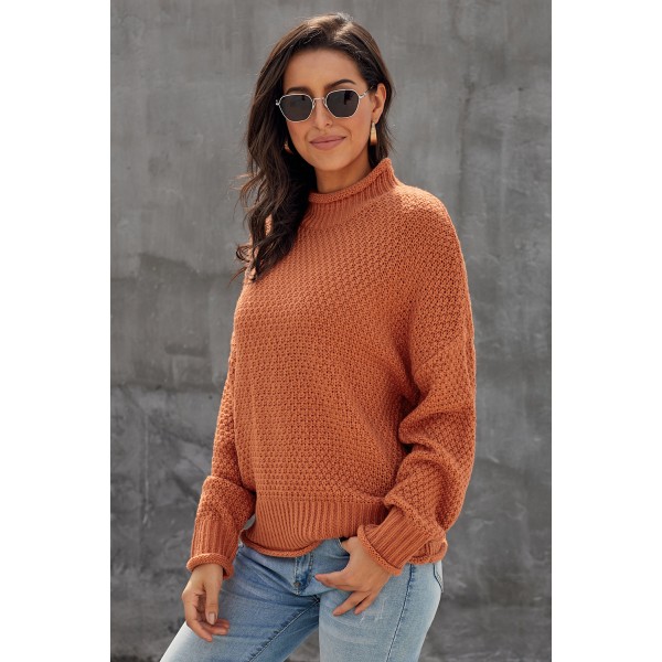 Orange Oversized Chunky Batwing Long Sleeve Turtleneck Sweater