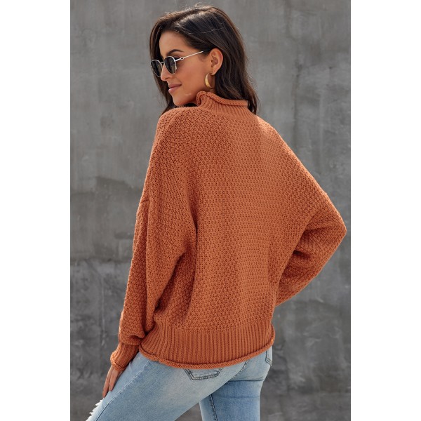 Orange Oversized Chunky Batwing Long Sleeve Turtleneck Sweater