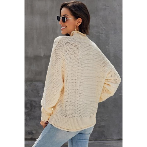 Beige Oversized Chunky Batwing Long Sleeve Turtleneck Sweater