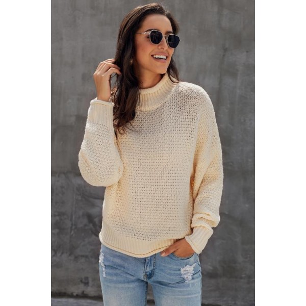 Beige Oversized Chunky Batwing Long Sleeve Turtleneck Sweater