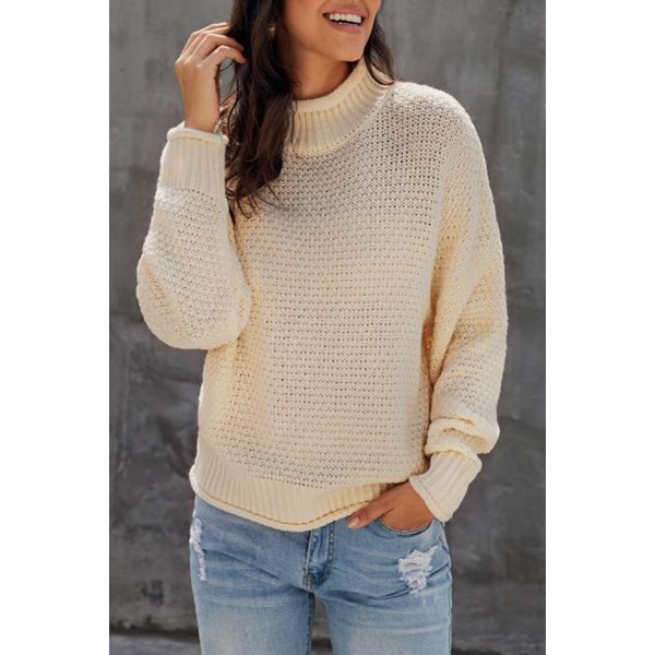 Beige Oversized Chunky Batwing Long Sleeve Turtleneck Sweater