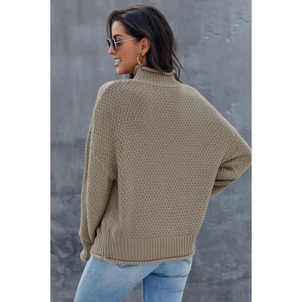 Khaki Oversized Chunky Batwing Long Sleeve Turtleneck Sweater