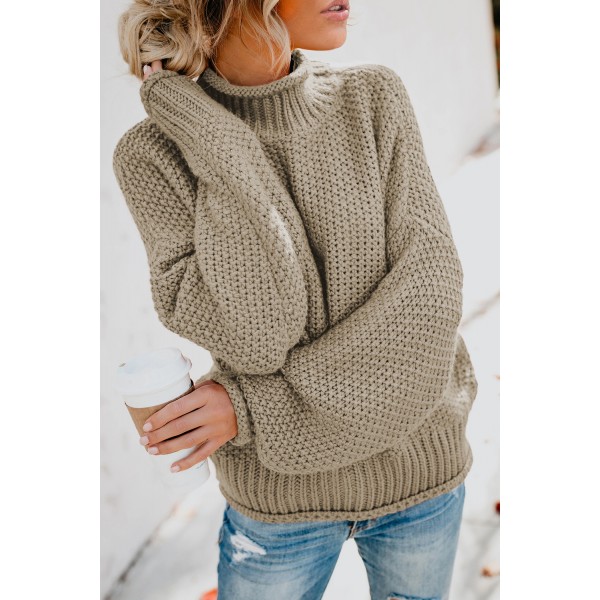 Khaki Oversized Chunky Batwing Long Sleeve Turtleneck Sweater