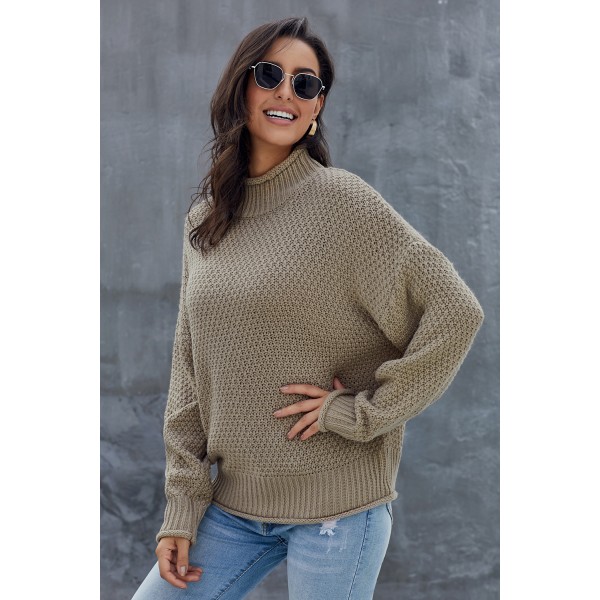 Khaki Oversized Chunky Batwing Long Sleeve Turtleneck Sweater