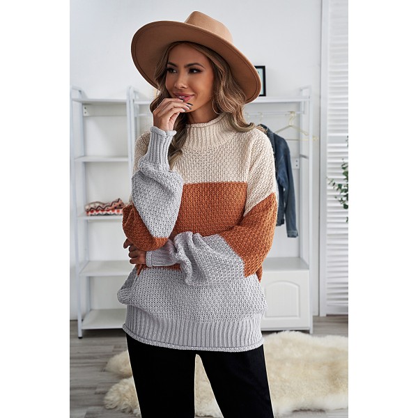 Brown Oversized Chunky Batwing Long Sleeve Turtleneck Sweater