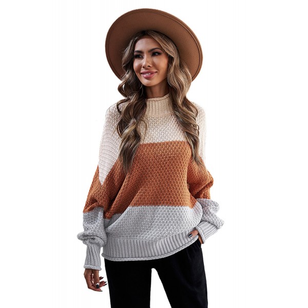 Brown Oversized Chunky Batwing Long Sleeve Turtleneck Sweater