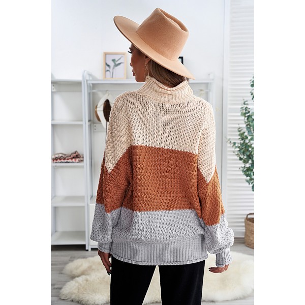 Brown Oversized Chunky Batwing Long Sleeve Turtleneck Sweater