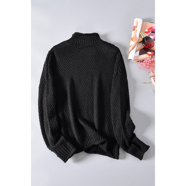 Black Oversized Chunky Batwing Long Sleeve Turtleneck Sweater