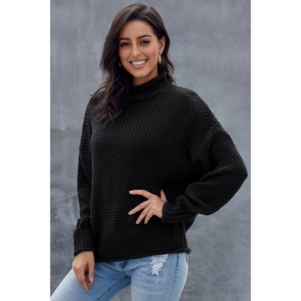 Black Oversized Chunky Batwing Long Sleeve Turtleneck Sweater